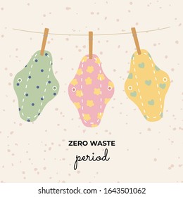 Zero waste. Reusable fabric pads with different patterns on a beige background. Isolated vector illustration.