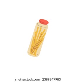 Zero waste reusable glass jars with pasta straws. Kitchen reusable containers for dry goods storage. Ecological lifestyle colored flat vector illustration.