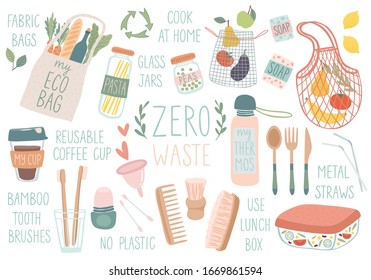 Zero Waste reusable items, set of eco friendly bags, brushes, cups, jurs. Doodle vector illustration. Hand drawn vector illustration.