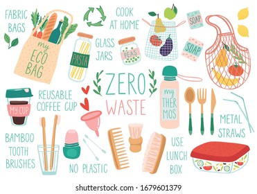 Zero Waste reusable items, set of eco friendly bags, brushes, cups, jurs. Doodle vector illustration. Hand drawn vector illustration.