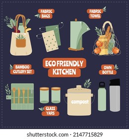 Zero Waste reusable items, set of eco-friendly products for the kitchen. Healthy lifestyle's concept. 