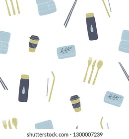 Zero waste reusable lunchbox, cup, utensils etc. Vector seamless pattern