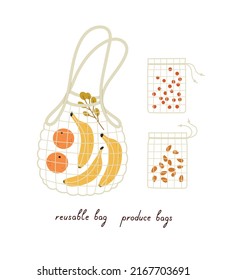 Bolsa de malla reutilizable de residuos cero con plátanos, rama de eucalipto de naranjas, producción с bolsas con nueces y bayas,   y letras. Estilo de vida ecológico de mano, ilustración vectorial plana aislada en blanco.