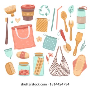 Zero waste. Reusable objects, ecology life and reduce plastic wastes. Recycle glass, shopping bag, bio bottle cutlery vector illustration