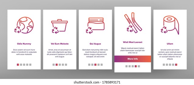 Zero Waste Reusable Onboarding Mobile App Page Screen Vector. Zero Waste Package And Container, Kitchen Utensil Fork And Spoon, Bag And Paper Illustrations
