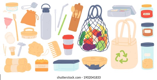 Zero waste. Reusable, plastic free and eco friendly products bags, bamboo straw, containers and wooden cutlery. Reduce garbage vector set. Eco reusable and recycle waste illustration