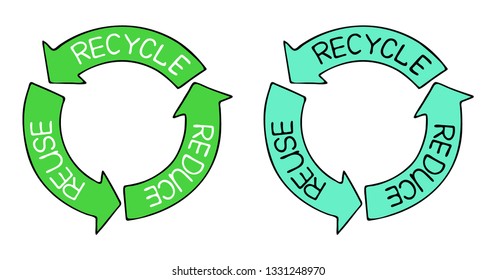 Zero waste and reuse, reduce, recycle symbols vector illustration with simple flat green arrows for eco friendly materials and environmental protection concept. Design elements for web and print