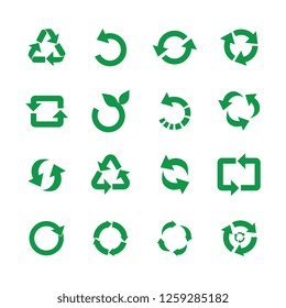 Zero waste and reuse symbols vector illustration set with various simple flat green signs of recycle with arrows in different forms for eco friendly materials and environmental protection concept.