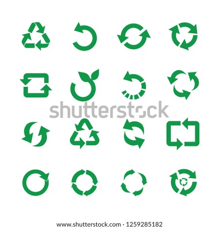 Zero waste and reuse symbols vector illustration set with various simple flat green signs of recycle with arrows in different forms for eco friendly materials and environmental protection concept.