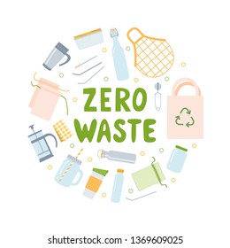 Zero waste round concept with kitchen utensils and lettering. Flat vector illustration.