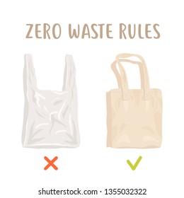 Zero waste rules. Disposable package vs reusable cotton bag. Less plastic vector poster