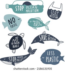Zero Waste. Save the ocean. Silhouette fish, turtle and plastic product vector illustrations. No plastic campaign. Stop ocean pollution. Say no to plastic bag. Background vector illustration.