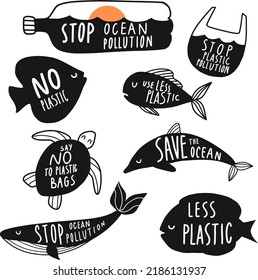Zero Waste. Save the ocean. Silhouette fish, turtle and plastic product vector illustrations. No plastic campaign. Stop ocean pollution. Say no to plastic bag. Background vector illustration.