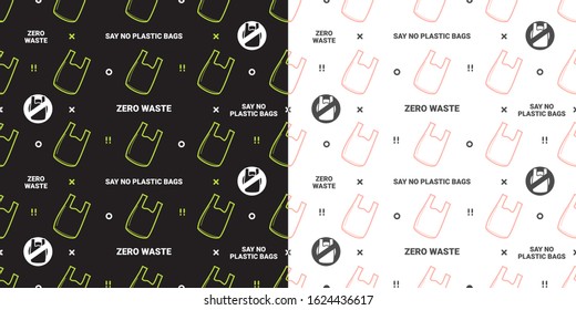 Zero waste and say no to plastic bags seamless pattern on green background