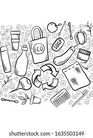 Zero waste. Seamless border with eco objects, vegetables, foliage and a pattern with curls. Plastic free. Vector outline doodle object for frames, invitation cards and your design.