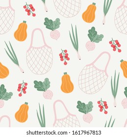 Zero waste seamless pattern with bag, radish, onion, pumpkin, tomato on white background. Perfect for ecological and food prints, wallpaper, textile, greeting cards