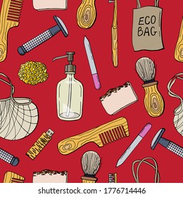Zero Waste Seamless Pattern.  Collection of durable and reusable products. Wooden - toothbrush, shaving brush, comb, flash drive. Natural soap and washcloth. Metal razor.