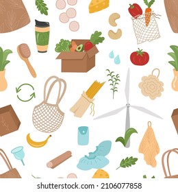 Zero waste seamless pattern for the concept of reusable items and recycling. Eco-friendly things. Vector background for printing on paper, textiles, fabric, packaging.