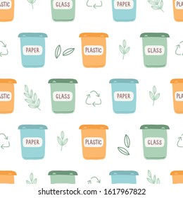 Zero waste seamless pattern with garbage containers, leaves and recycle signs on white background. Perfect for ecological prints, wallpaper, textile, greeting cards