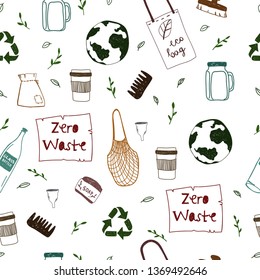 Zero Waste seamless pattern. Hand drawn vector elements. No plastic. Wrapping paper design template.