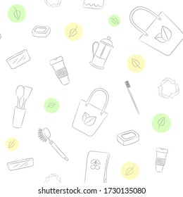 Zero Waste Seamless Pattern. Hand Drawn Reusable Elements for Eco Friendly Lifestyle. Plastic Free Alternatives. Motivational Vector Illustration.