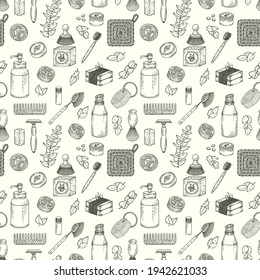 Zero waste seamless pattern. Hand drawn sketch doodle vector illustration. Recycle and reusable products. Go green, eco style, no plastic, save the planet objects for hygiene and cosmetics. 