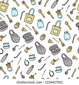 Zero waste seamless pattern. Kitchen products set. Vector illustration.