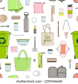 Zero waste seamless pattern. No Plastic, Eco lifestyle and Go Green concept. Hand drawn vector illustration.