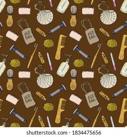 Zero waste. Seamless pattern of reusable household items. Cartoon style. Stock illustration. Design for wallpaper, fabric, textile, packaging.