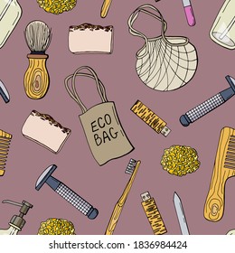 Zero waste. Seamless pattern of reusable household items. Cartoon style. Stock illustration. Design for wallpaper, fabric, textile, packaging.