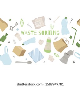 Zero waste seamless pattern. Sorting waste. Waste management concept isolated illustration on white background. Eco green illustration. Ecology concept.
