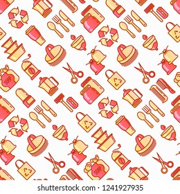 Zero waste seamless pattern with thin line icons: menstrual cup, safety razor, glass jar, natural deodorant, hand coffee grinder, french press, metal scissors, bath body brush. Vector illustration.