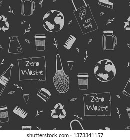 Zero Waste seamless pattern. Vector background. Hand drawn. Black and white.