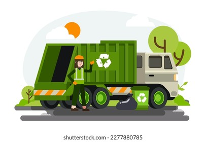 Zero waste separation concept. Containers car with waste for recycle garbage. Waste management with, garbage truck and trash bin. Sanitation workers clean up trash by sorting it. Vector illustration