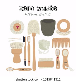 Zero waste set of bathroom essentials with display lettering. Kit of flat style eco brushes, cotton swabs, hair pick, foot files, swab and harsh stone. Vector illustration for online shop, store, site