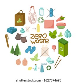 Zero waste - a set of colored icons in the shape of a circle. Or a template for logo design Vector collection of ECO lifestyle symbols.