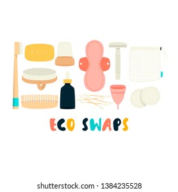 zero waste set with different eco friendly alternatives. vector illustration with ecology concept
