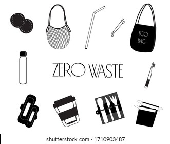 Zero waste set. Eco bag. Reusable gaskets. Cutlery set. Ear sticks. Reusable coffe cup. Reusable makeup discs. Reusable bottle. Eco food bags. Bamboo toothbrush. Net grocery bag.