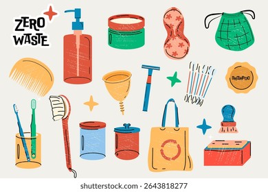 Zero Waste Set – Eco-Friendly Lifestyle Icons. A colorful vector collection promoting a zero waste lifestyle. Includes reusable items, recycling symbols, and sustainable living icons.