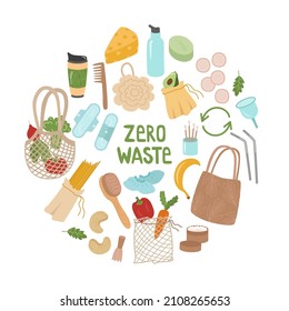 Zero Waste Is A Set Of Elements For The Concept Of Reusable Items And Recycling. Eco-bags For Food, Vegetables, Washcloth, Water Bottle, Bags, Thermocup, Shoe Covers. Vector Illustration.