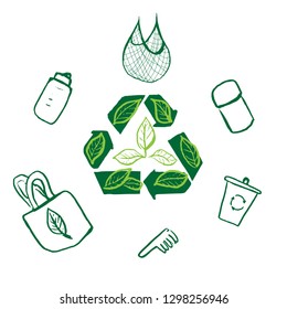 Zero waste set of elements in hand-drawn line style.EPS 10