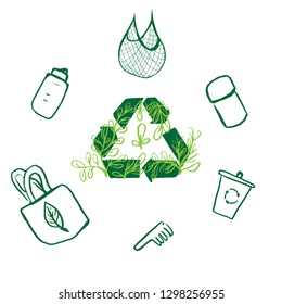 Zero waste set of elements in hand-drawn line style.EPS 10