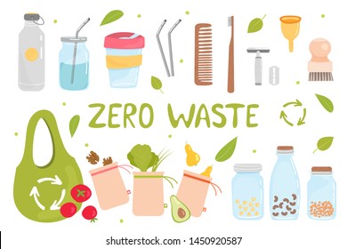 Zero waste. Set of Zero Waste elements - reusable shopping bag, wooden toothbrush and brushes, menstrual cup, steel straw, glass jars, thermo mug. Eco style. Hand draw vector illustration