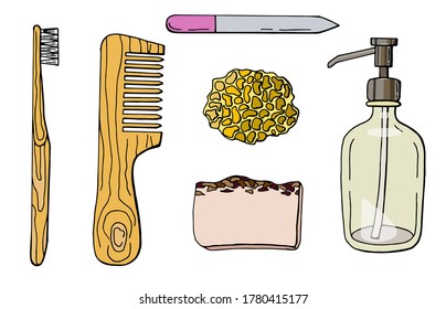 Cero desperdicio. Conjunto de bienes ambientales. Madera - cepillo de dientes, peine. Jabón natural y tela de lavar. Frasco de vidrio con jabón líquido, lima de uñas.