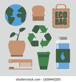 Zero waste set, flat icons. Recycling sign, planet Earth, bamboo toothbrush, wooden brush, glass bottle, reusable cup, paper bag, green plant with new leaf. Simple hand drawn vector illustration