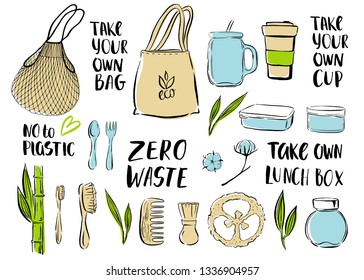 Zero waste. Set hand drawn elements: bag, glass jars, container, plants.  Eco style. No plastic. Vector illustration. Green lifestyle. Brush lettering inscription.