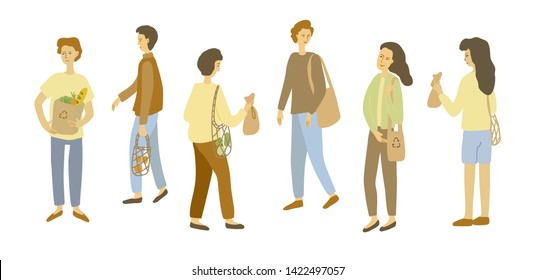 Zero waste. Set of hand drawn women, men. Vector illustration.