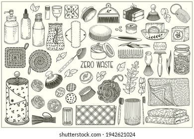 Zero waste set. Hand drawn sketch doodle vector illustration. Recycle and reusable products. Go green, eco style, no plastic, save the planet objects for hygiene and cosmetics. 