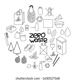 Zero waste set of icons.  Template for logo design in the form of a circle. Linear illustration. Vector collection of eco lifestyle symbols.