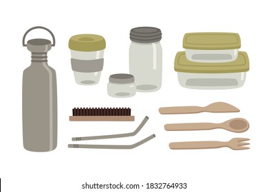 Zero waste set of kitchen supplies: glass jars, metal bottle for water, cutlery, metal tubes, brush, coffee cup. Hand-drawn flat vector illustration isolated on white background. Ecology concept. 